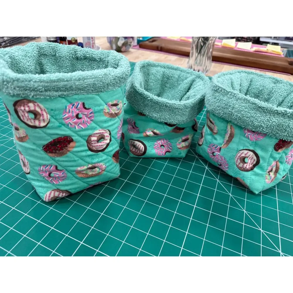 Handmade Donut Vanity Bucket Organizer Terry Lined Quilted 8” Tall Soft Stable